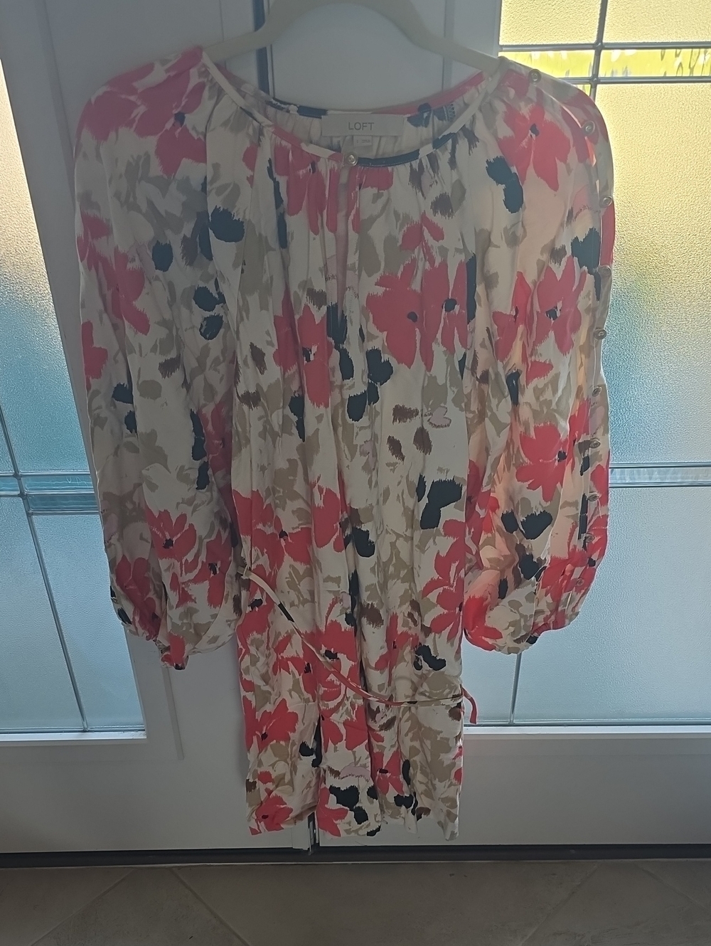LOFT Cream Floral Long-Sleeve Tie-Waist Dress with Coral & Navy Accents